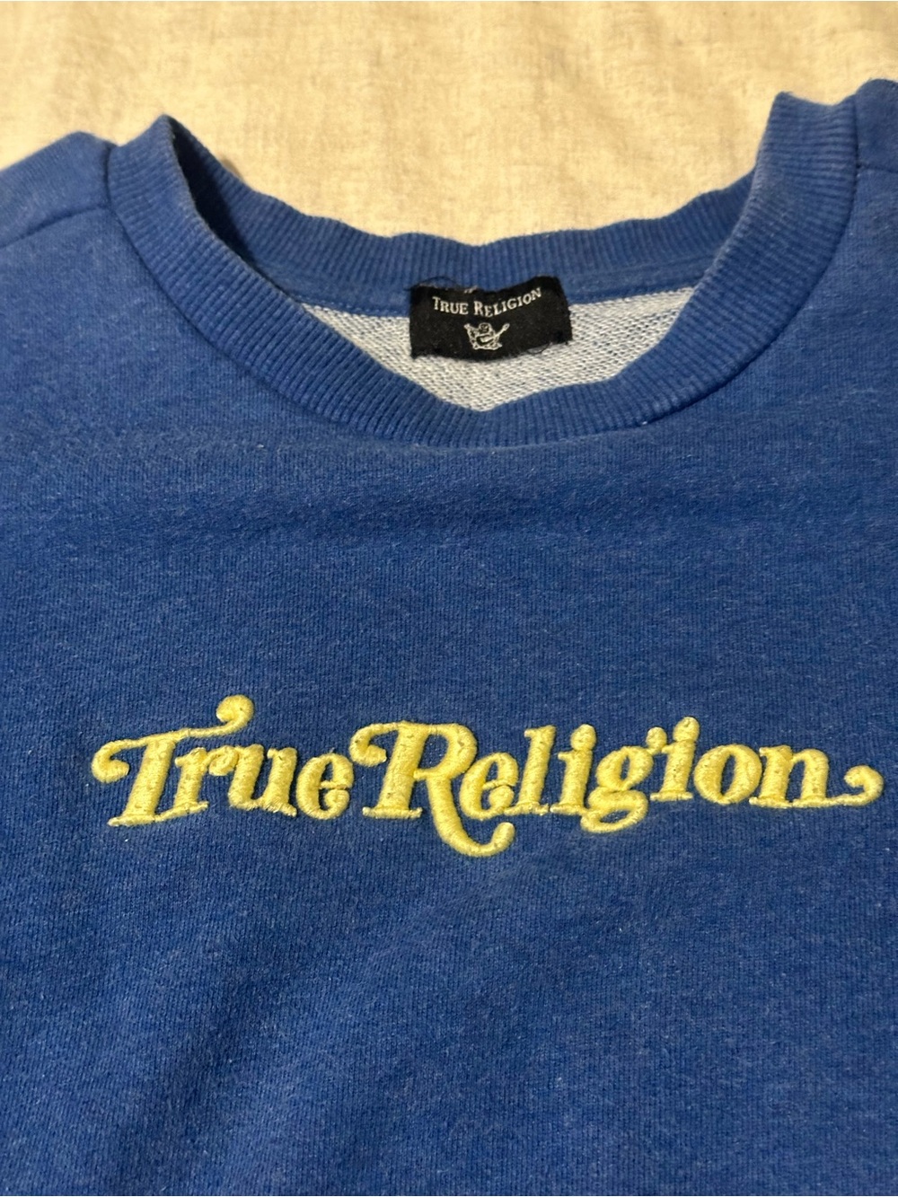 True Religion Blue Sweatshirt with Yellow Embroidered Logo